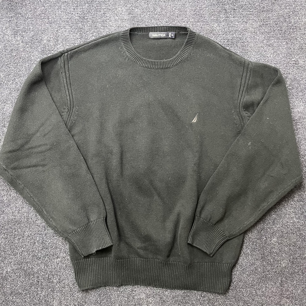Nautica Sweater Mens XL Black 100% Cotton Crewneck Knit Pullover Logo Casual